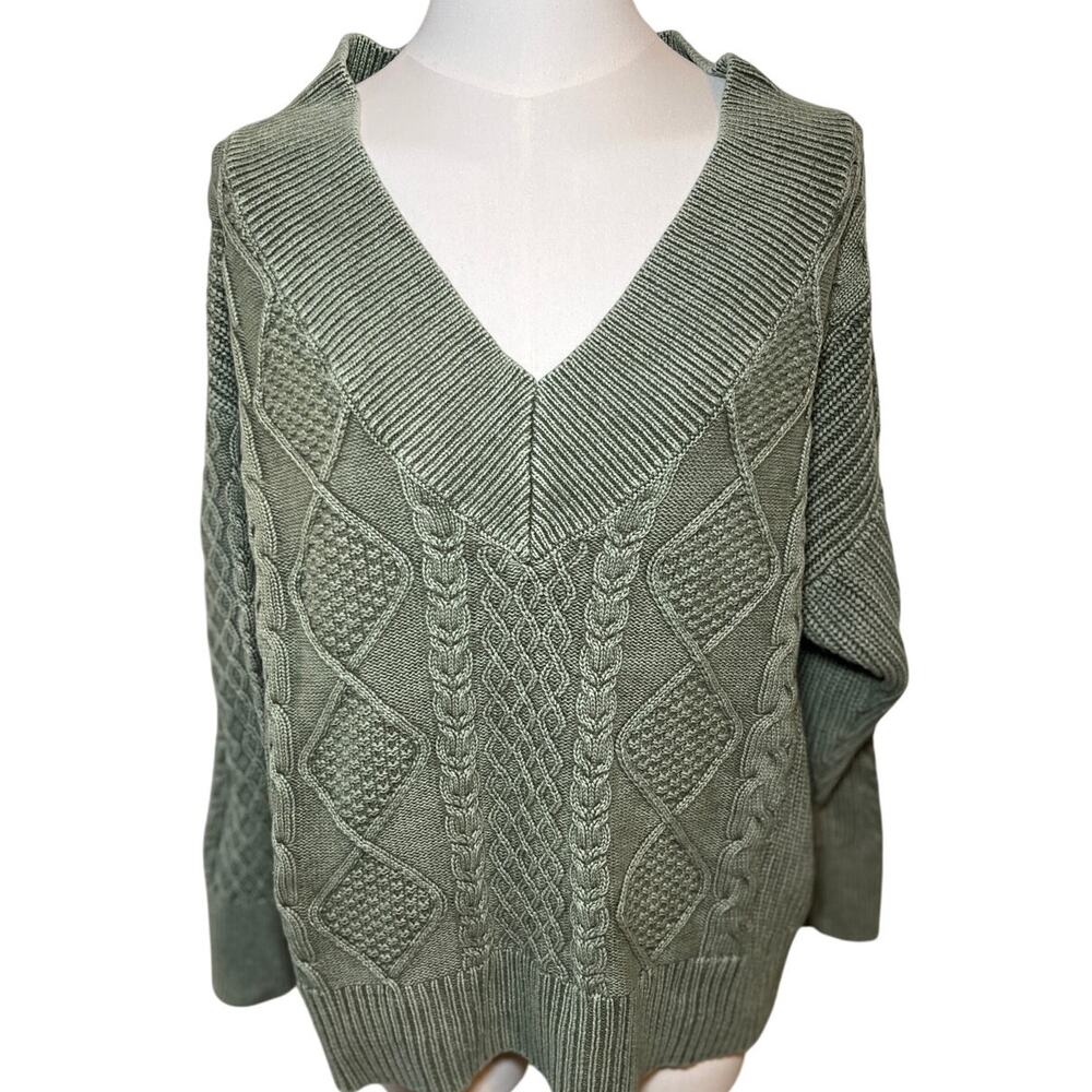 Aerie  Women Large Sweater Sage Green Cotton Chunky Cable Fisherman Off Shoulder